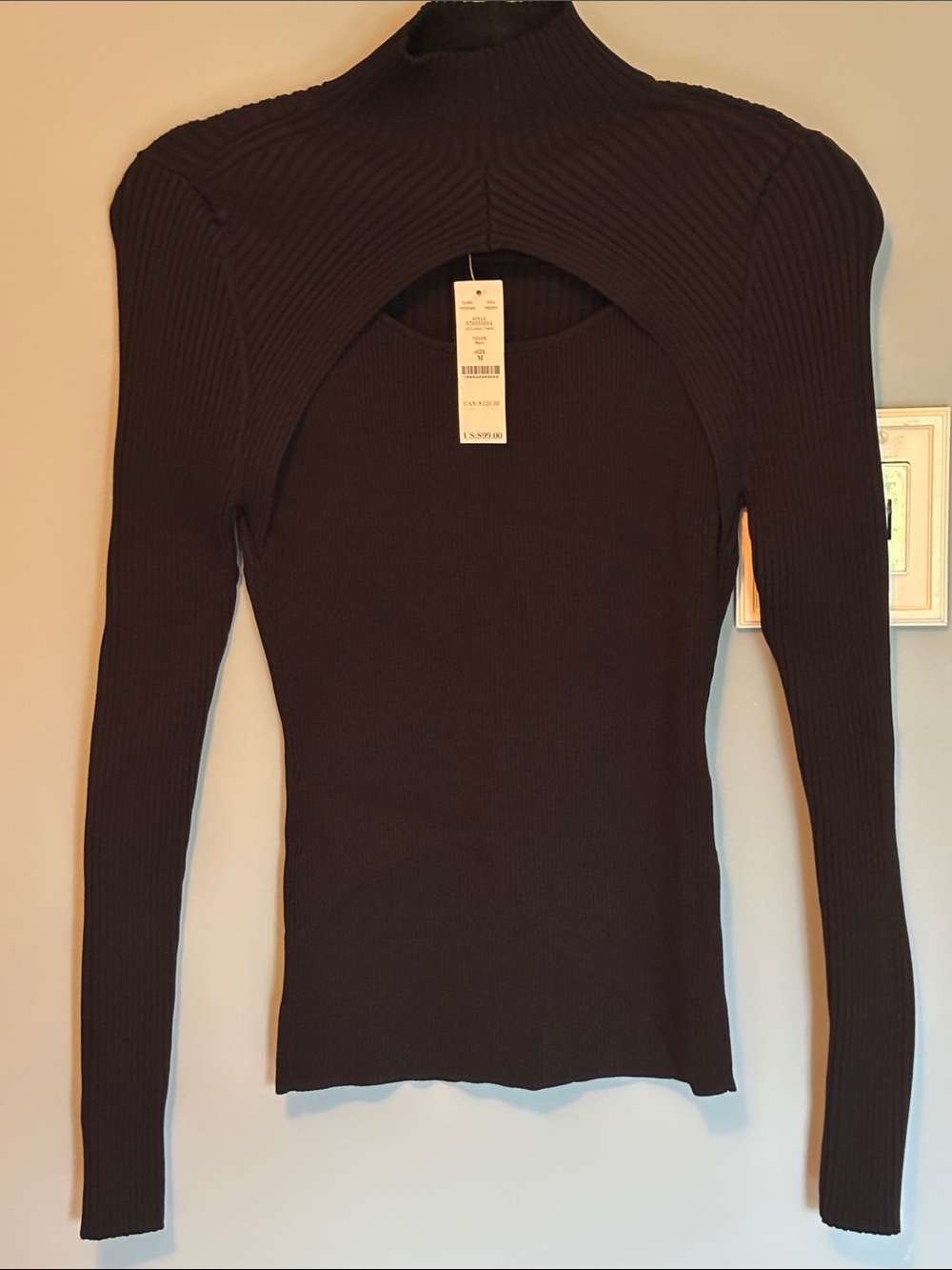 White House Black Market Black Ribbed Cutout Mock Neck Long Sleeve Sweater